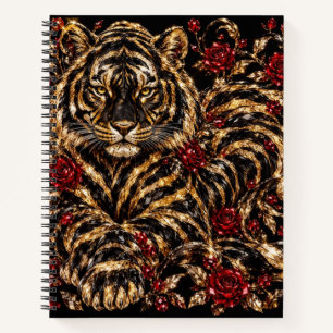 Goldener Tiger & Rote Rosen Florale Kunst Notizbuch