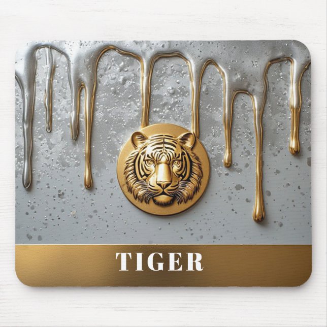 Goldener Tigerkopf mit tropfendem Metall 🐯 Mousepad (Vorne)