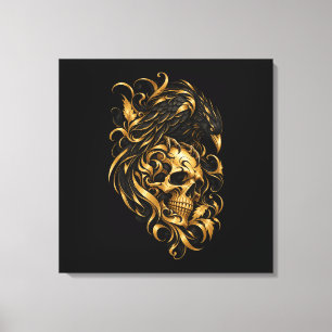 Goldener Totenkopf und Rabe umwickelte Leinwand