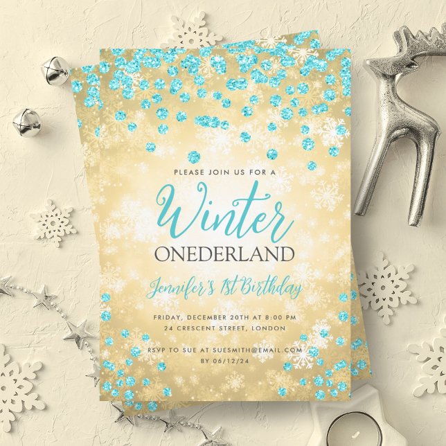 Goldener Turquoise Winter ONEDERLAND 1. Geburtstag Einladung (Gold Turquoise Winter ONEDERLAND 1st Birthday Invitation)