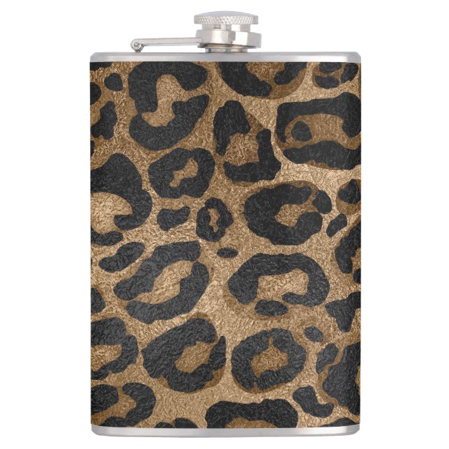 Goldener und schwarzer Glitter Leopard-Jaguardruck Flachmann (Vorderseite)
