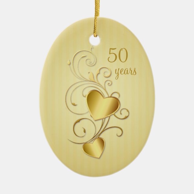 Goldener verbindender Herzen 50. Hochzeitstag Keramikornament (Vorne)