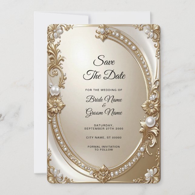 Goldener verzierter Rahmen mit Perlen Save-the-Dat Save The Date (Vorderseite)