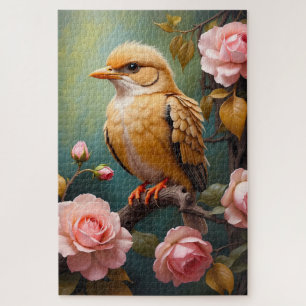 Goldener Vogel mit rosa Rosen Botanisch Puzzle