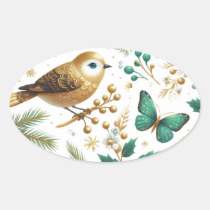 Goldener Vogel Smaragd Schmetterling Botanisch Ovaler Aufkleber