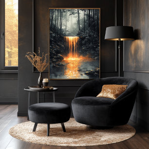 Goldener Wasserfall im mystischen Wald Poster