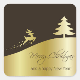 Goldener Weihnachtsbaum mit Rentier Quadratischer Aufkleber