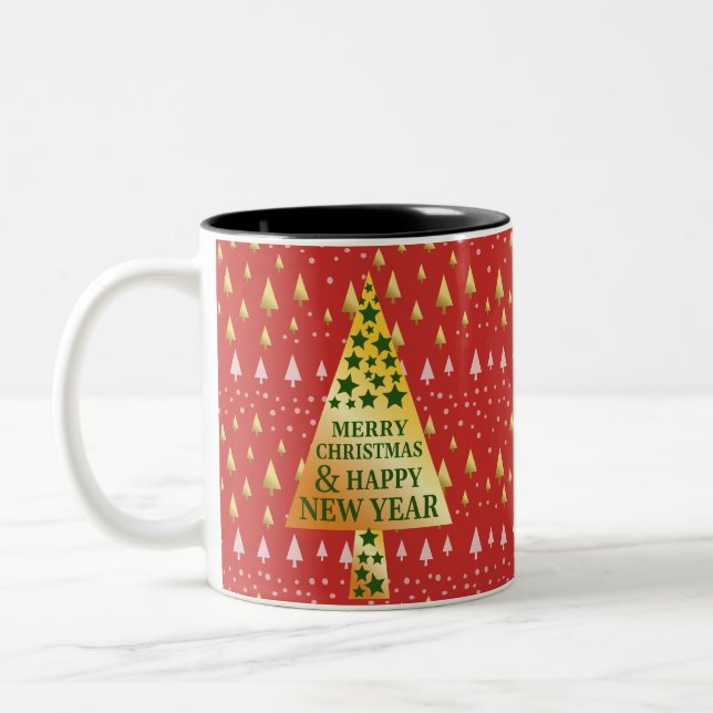 Goldener Weihnachtsbaum - Rote Landschaft Zweifarbige Tasse (Links)