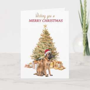Goldener Weihnachtsbaum Santa Hut Mastiff Hund Wei Feiertagskarte
