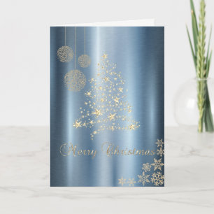 Goldener Weihnachtsbaum,Schneeflocken Blaue Metall Feiertagskarte