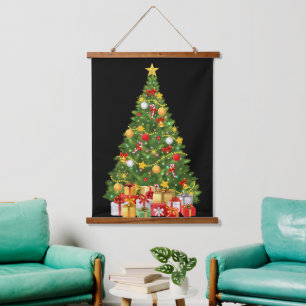 Goldener Weihnachtsbaum und Vorführungen Weihnacht Wandteppich Mit Holzrahmen