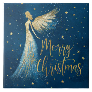 Goldener Weihnachtsengel auf sternblauem Himmel Fliese