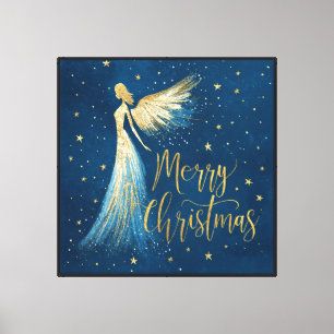 Goldener Weihnachtsengel auf sternblauem Himmel Leinwanddruck