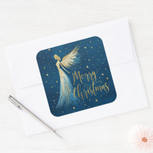 Goldener Weihnachtsengel auf sternblauem Himmel Quadratischer Aufkleber