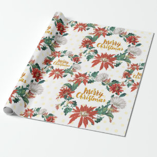 Goldener Weihnachtsfloralkranz mit Poinsettie Geschenkpapier