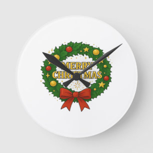 Goldener Weihnachtskranz – Festliches Rot Grün Gol Runde Wanduhr