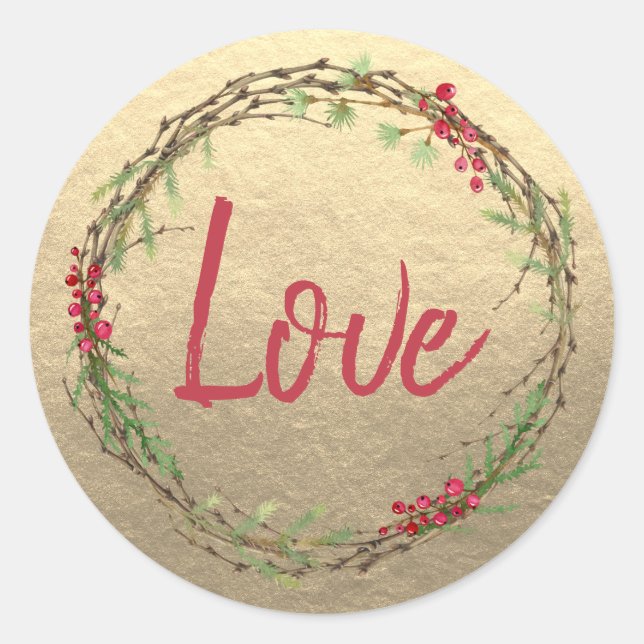 Goldener Weihnachtskranz Liebe Runder Aufkleber (Vorderseite)