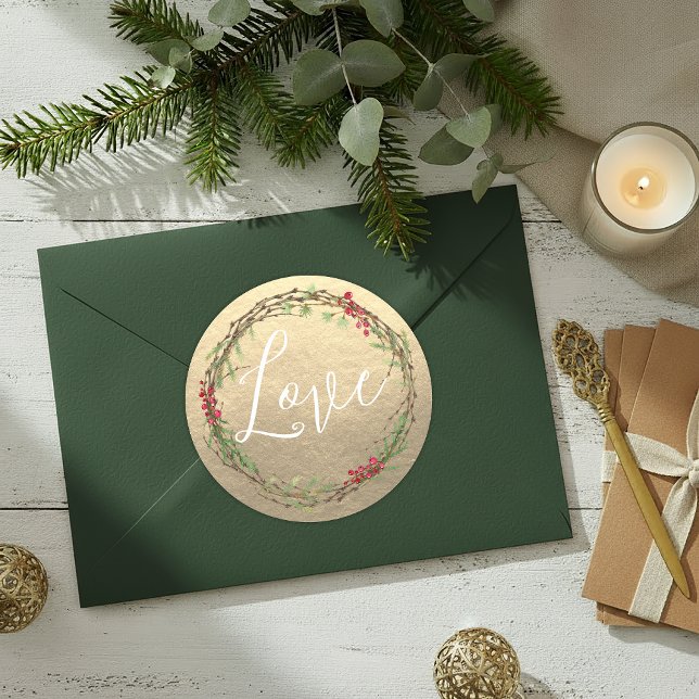 Goldener Weihnachtskranz Liebe Runder Aufkleber (Von Creator hochgeladen)