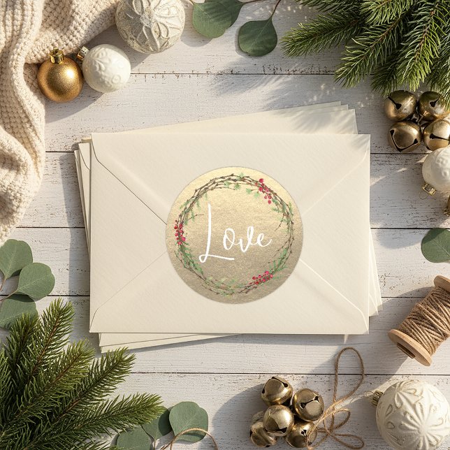 Goldener Weihnachtskranz Liebe Runder Aufkleber (Von Creator hochgeladen)