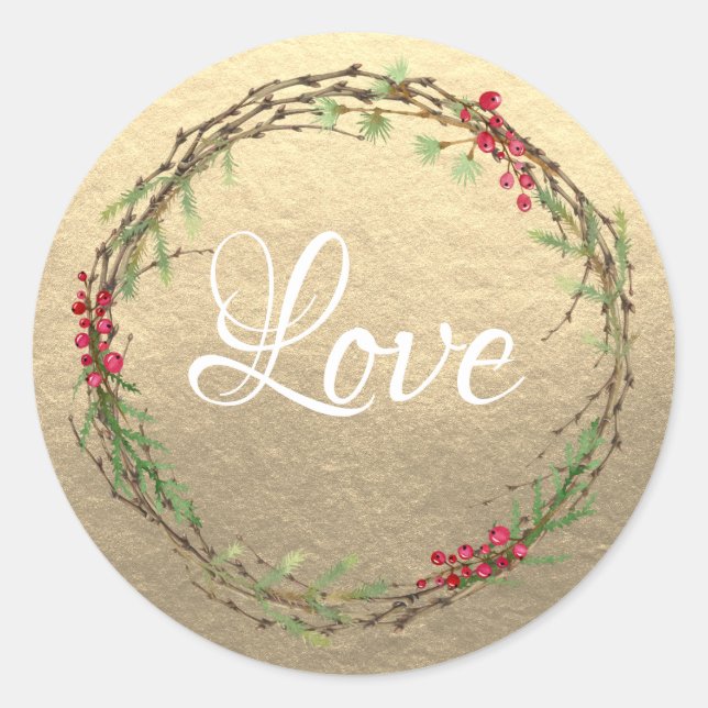Goldener Weihnachtskranz Liebe Runder Aufkleber (Vorderseite)