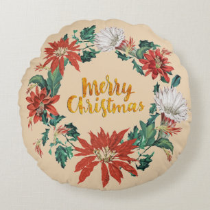 Goldener Weihnachtsschrei in Beige - Blume Rundes Kissen