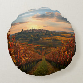 Goldener Weinberg-Sonnenuntergang – Runde Herbst-A Rundes Kissen