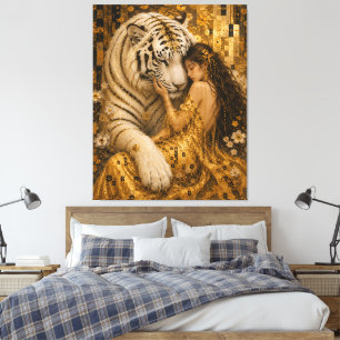 Goldener Weißer Tiger Wächter Fantasy-Kunst Leinwanddruck