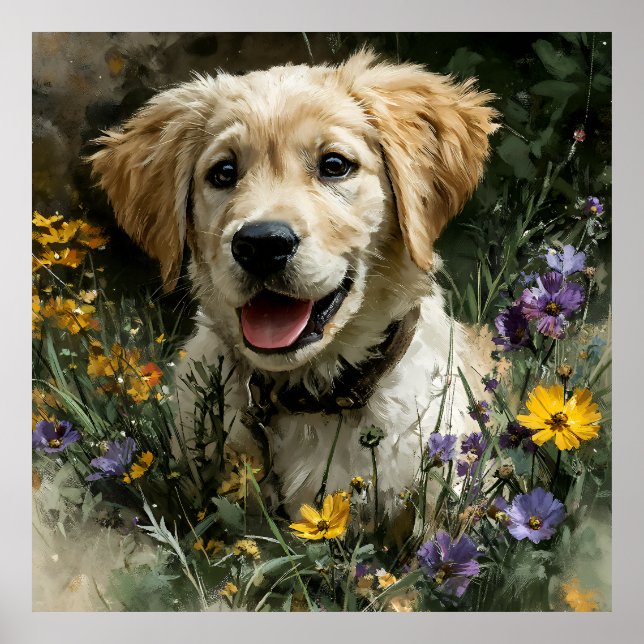 Goldener Welpen Wildblume Freude Poster (Vorne)