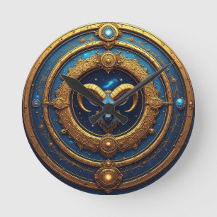 Goldener Widder-Zodiakschild Runde Wanduhr