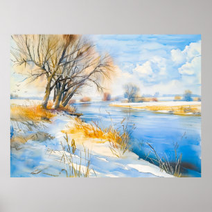 Goldener Winter am Fluss Havelland Aquarell Poster
