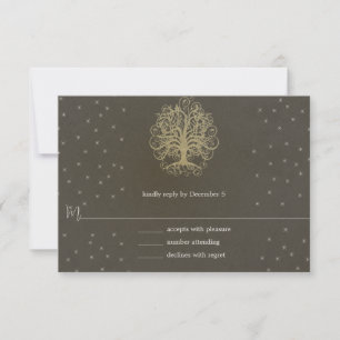 Goldener Wirbelbaum auf grauer Hochzeits-Antwortka RSVP Karte