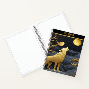 Goldener Wolf heult den Mond an Notizbuch