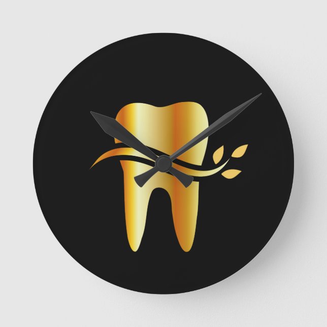 Goldener Zahn mit Blätter Runde Wanduhr (Vorderseite)