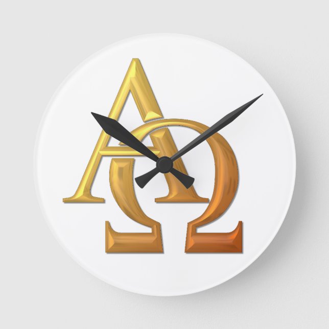 Goldenes "3-D" Alpha und Omega-Symbol Runde Wanduhr (Vorderseite)