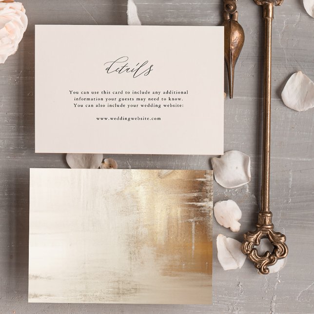 Goldenes Abstrakt | Elegante Angaben zur Hochzeit Begleitkarte (An elegant, neutral ivory beige wedding details insert card with a glamorous abstract gold back)