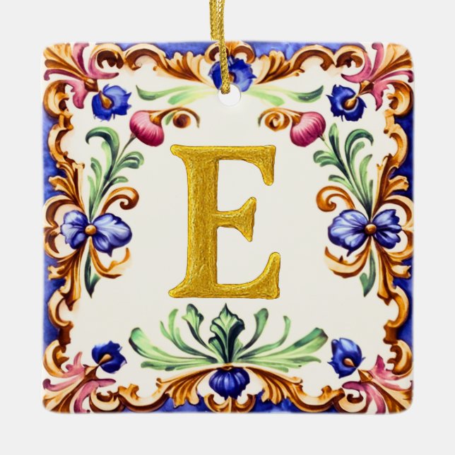 Goldenes Alphabet – Buchstabe E Keramikornament (Vorderseite)