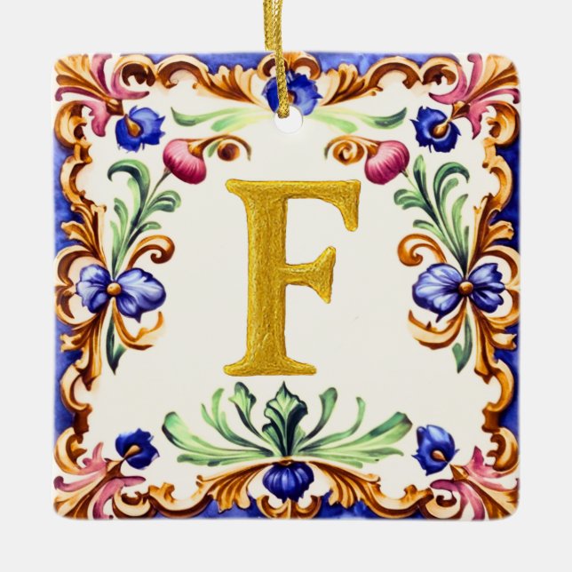 Goldenes Alphabet – Buchstabe F Keramikornament (Vorderseite)