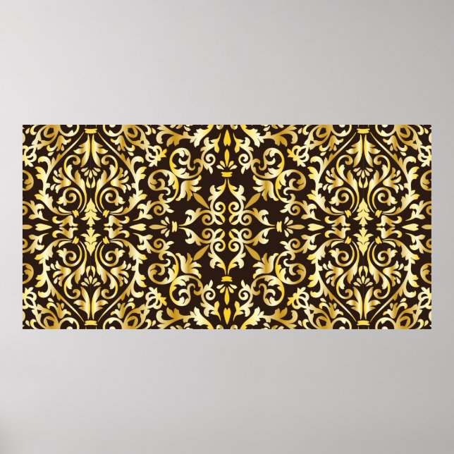 Goldenes barockes nahtloses Muster auf schwarzem H Poster (Vorne)