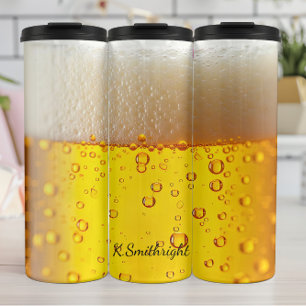 Goldenes Bier Nahaufnahme Schaumblasen Thermosbecher
