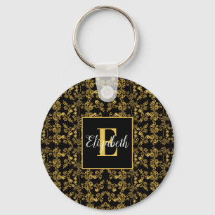 Goldenes Blatt und schwarzer Luxus Monogramm Schlüsselanhänger