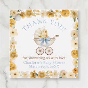 Goldenes Blumen-Kinderwagen-Blaue Schleife – Babyp Geschenkanhänger