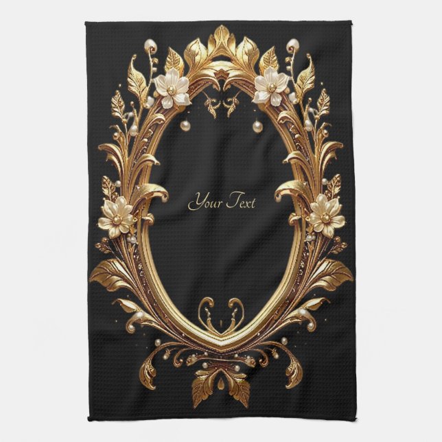 Goldenes Blumen-Ornament-Rahmen-Küchenhandtuch Geschirrtuch (Vertikal)