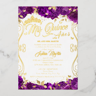 Goldenes Blumengarten Lila Mis Quinceañera  Folieneinladung