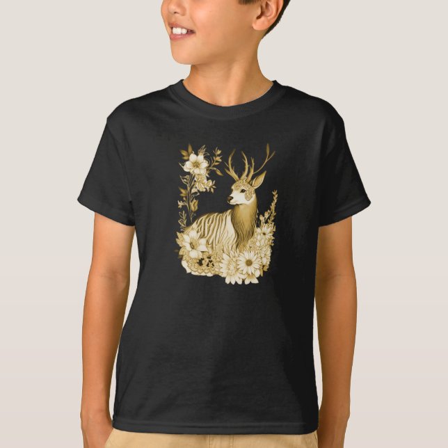 Goldenes Blumengeweih Urlaub T-Shirt (Vorderseite)