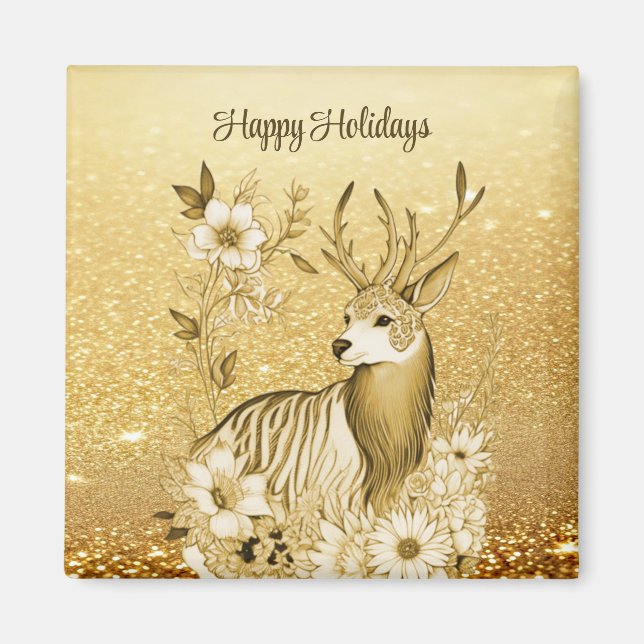 Goldenes Blumengeweih-Weihnachtsmagnet Magnet (Vorne)