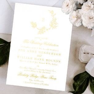 Goldenes Blumenkranz Vintage Monogramm Hochzeit Folieneinladung
