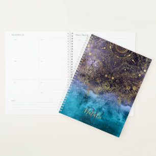Goldenes Blumenmandala und Konfetti-Bild Planer
