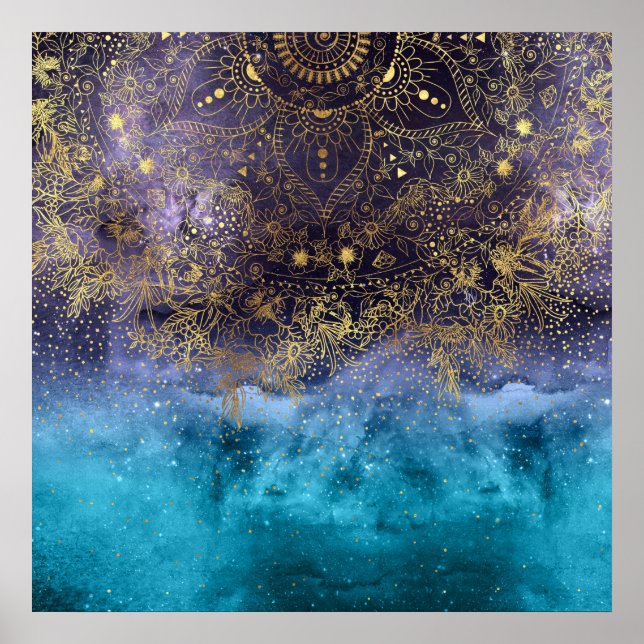 Goldenes Blumenmandala und Konfetti-Bild Poster (Vorne)