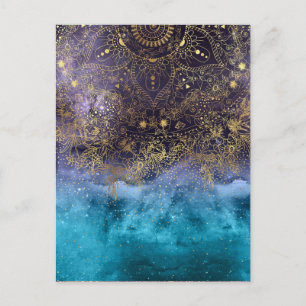 Goldenes Blumenmandala und Konfetti-Bild Postkarte