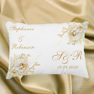 Goldenes Blumenmonogramm-Logo Hochzeit Dekokissen
